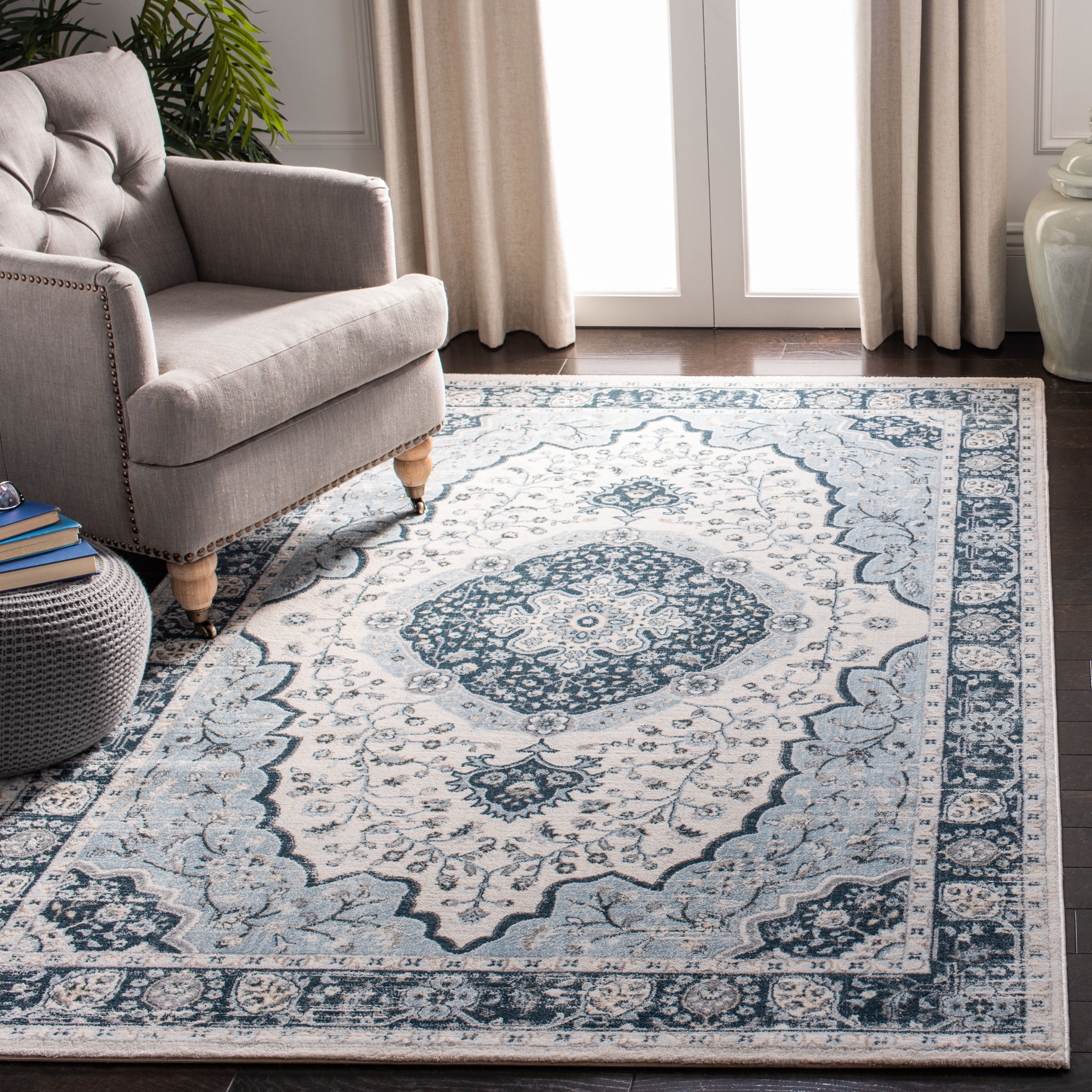 Safavieh Charleston Collection Teppichläufer – 6x1,8 M, Elfenbein/Marineblau, Fusselfrei