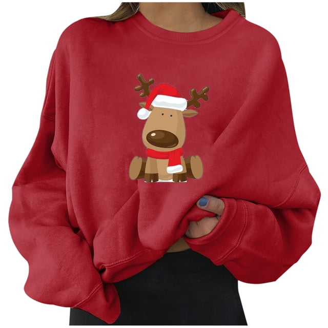 Sudaderas cortas estampadas de manga larga informales para mujer a la moda navideña Pompotops gfhjh8405
