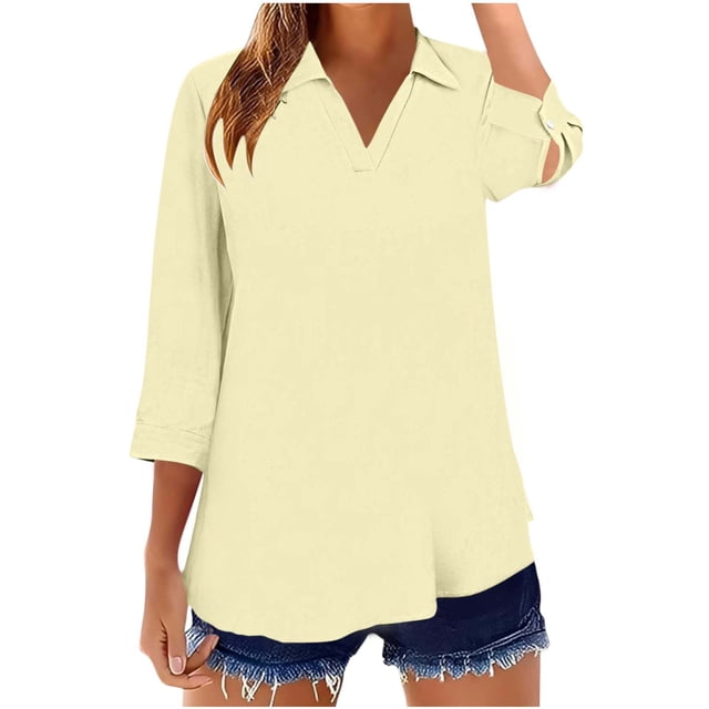 Mujeres 3/4 Manga Tops Y Blusas Color Sólido Turndown Cuello en V Suéter, 3/4 Manga Tops Casual para las Mujeres Suave Blusa de Poliéster, Ligero Primavera Verano Camiseta de Moda