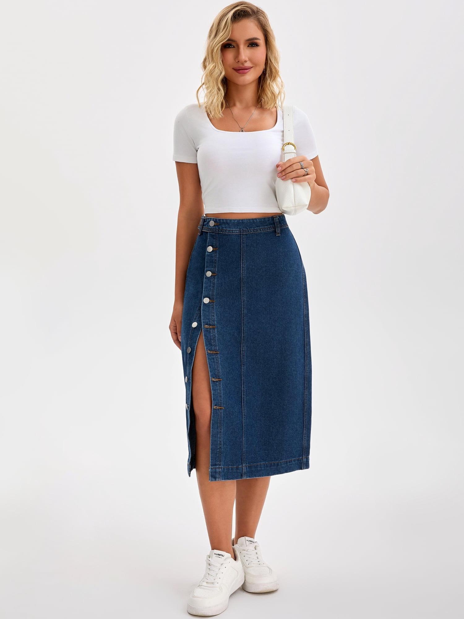 DARING DIVA Women's Denim Midi Skirt Button Up Slit Jean Skirts X-Large Dark Blue
