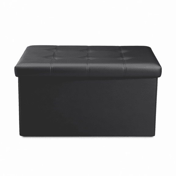Faux Leather Ottoman Storage Bench with Padded Seat, 30 Inch Folding Foot Rest Stool, Multipurpose Footstool with Hidden Storage for Living Room, Bedroom, Entryway, Supports 350 lbs, Black
