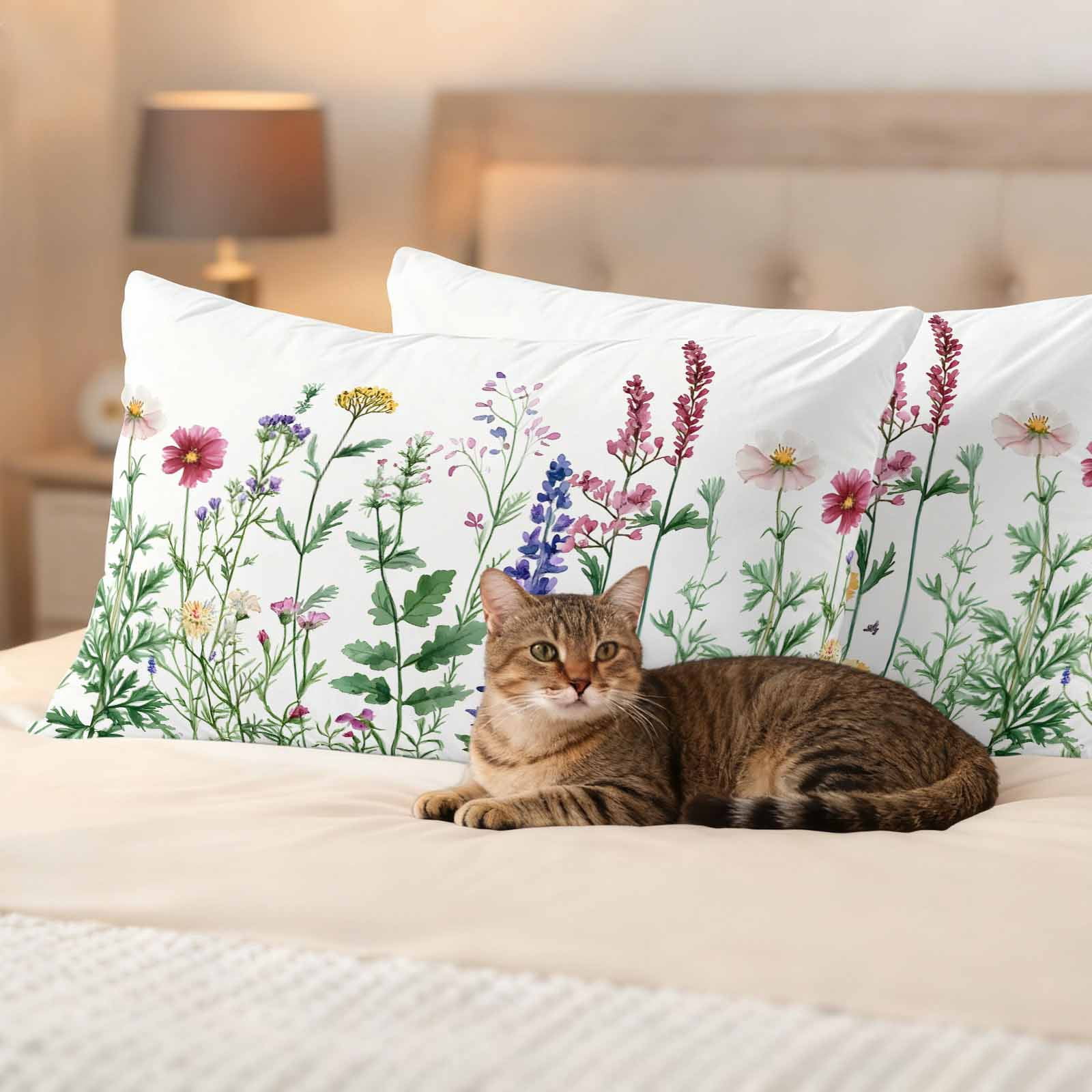Spring Pink Pillow Covers 2 Pack Wildflower Lavender Botanical Sage Green Leaves Pillowcase Waterproof Outdoor Throw Pillow Cover for Patio Balcony Rectangular Cushion 20”x12”