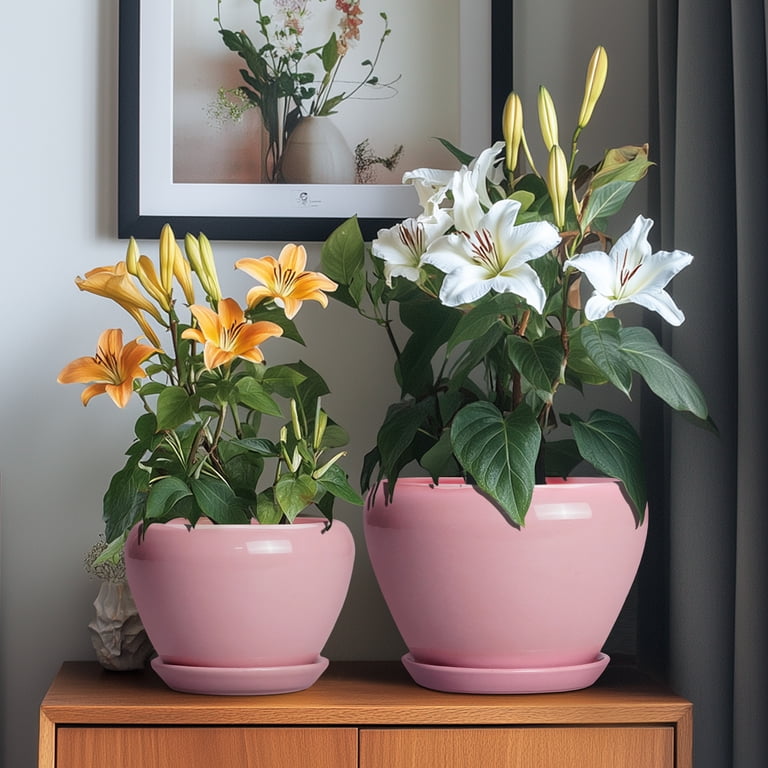 Pink Ceramic Plant Pots Set of 3 – 6, 8, 10 Inch Round Flower Pots