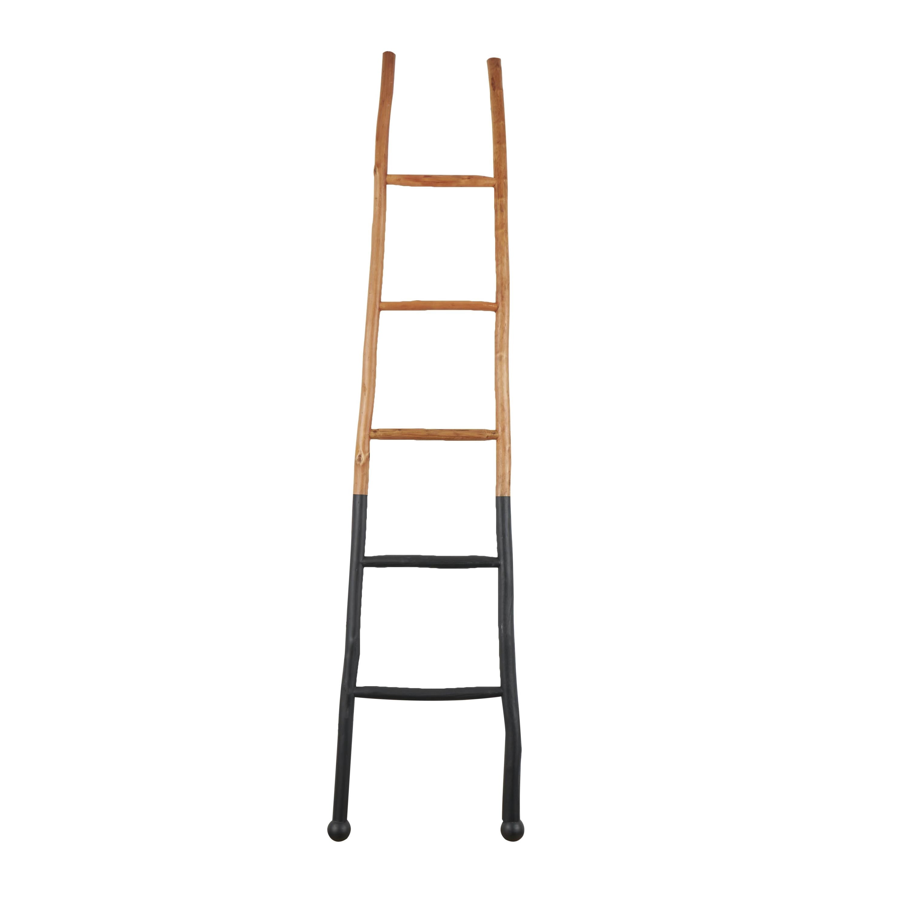 DecMode 18" x 73" Brown Wood Handmade Two-Toned Slanted Ladder with Wider Base and Ball Feet, 1-Piece