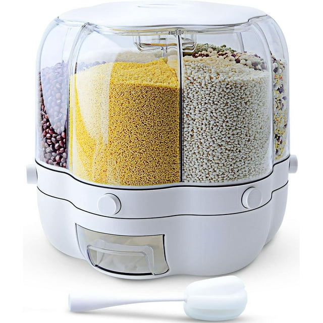 Amdohai Grain Dispenser, 11 Qt Rotating Storage Container, 6-Compartment Dry Food Dispenser with Measuring Cup for Kitchen Small Grains, Beans, Rice (11Qt)