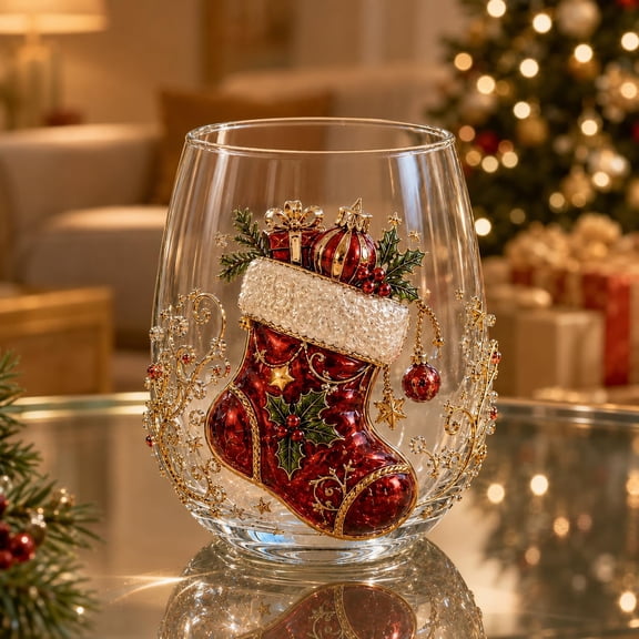 3D Christmas Glass Art Cup, Stemless Wine Glass with Embossed Santa Reindeer Tree Design, Festive Holiday Glassware for Table Decor & Party Drinkware