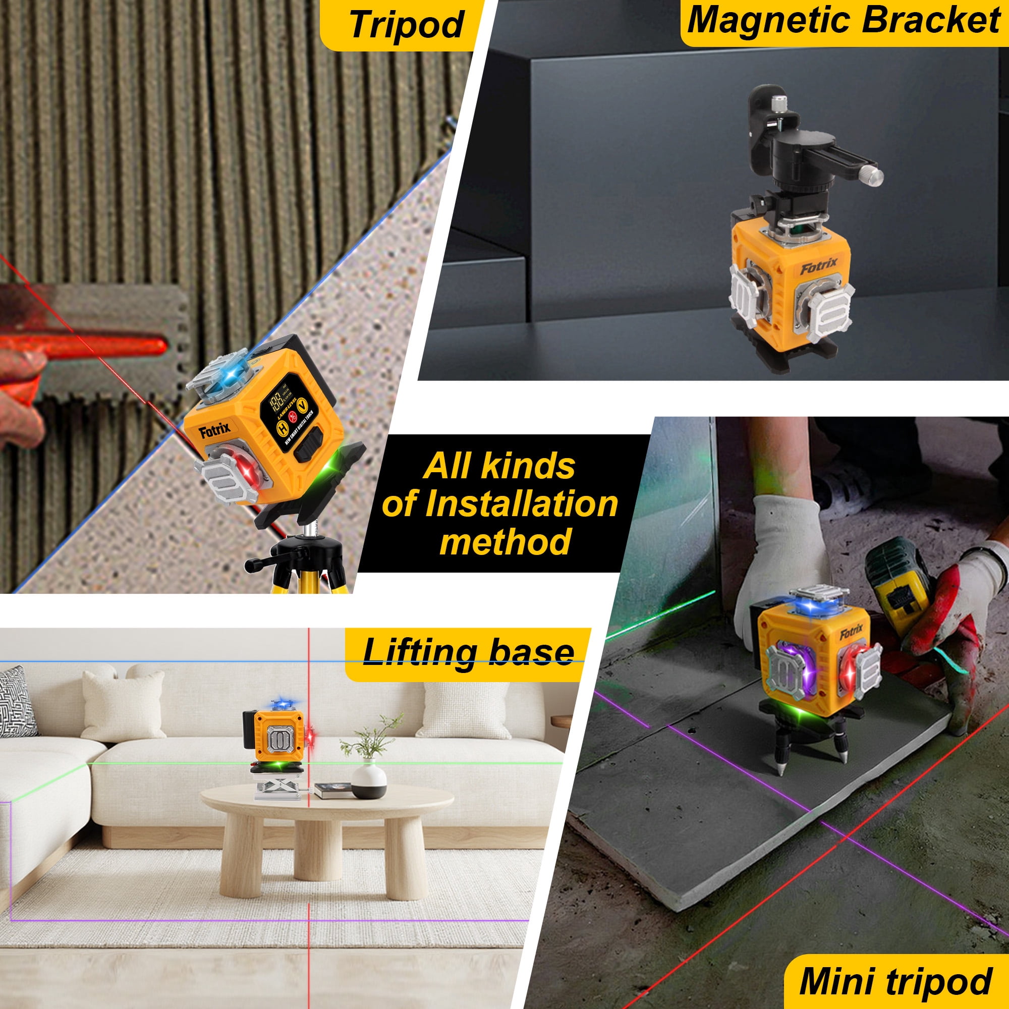 Fotrix Professional grade 16-wire 4D green laser level, 4 x 360° Multi-Color Laser Coverage, Self-Leveling & High Accuracy, Smart Touch Control & Adjustable Projection, Rugged Shock-Resistant Design