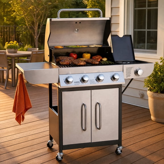 4‑Burner Propane Gas Grill 52000 BTU Stainless Steel BBQ Grill with Side Burner, 425 Sq.In Cooking Area Carbon Steel Enamel Grates 2 Side Shelves for Patio Garden Outdoor Cooking