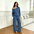 thumbnail image 5 of Domzest Sweatsuits 2 Piece Sets for Women Long Sleeve V Neck Off the Shoulder Sweatshirt & Wide Leg Sweatpants Casual Fall Outfits Blue M, 5 of 6