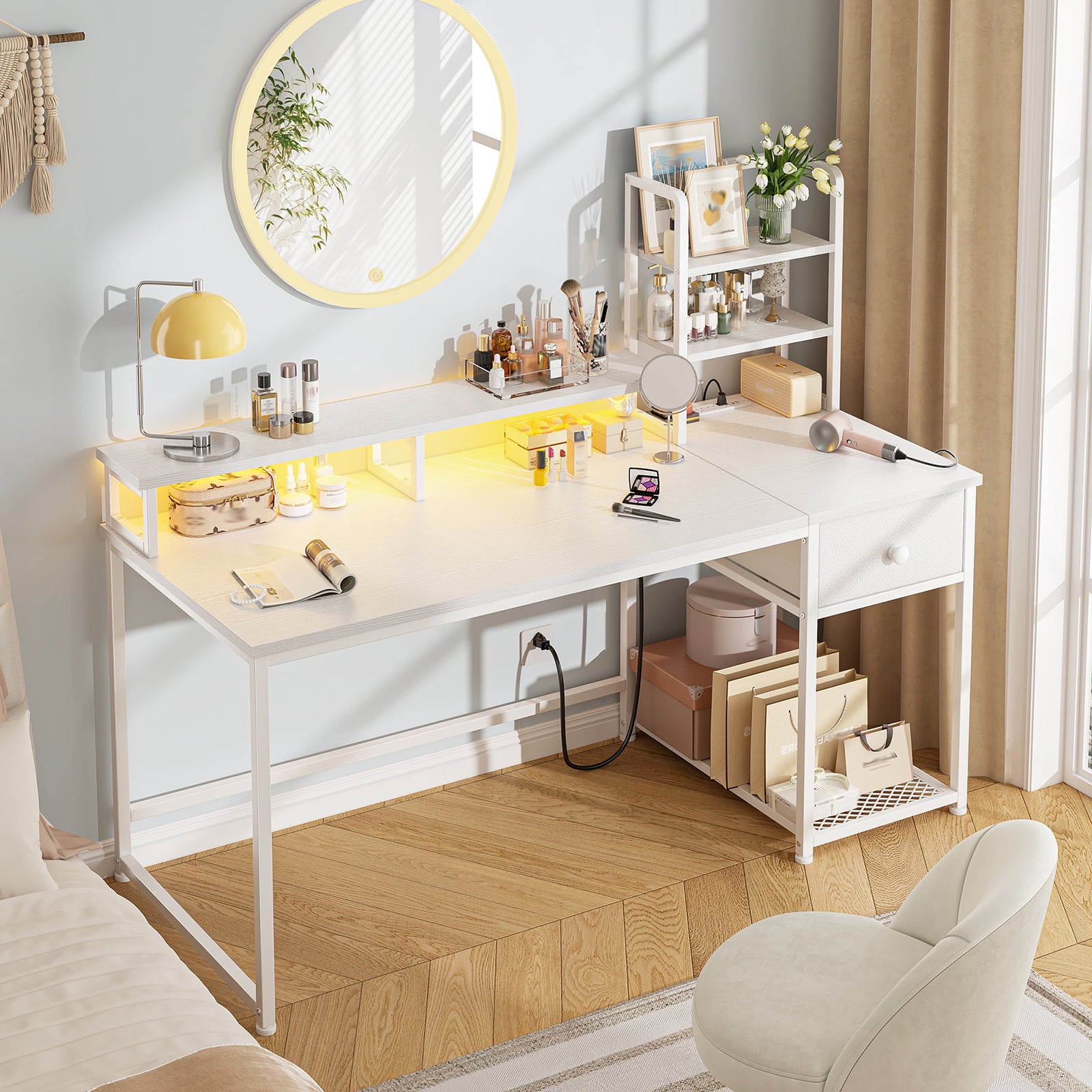 Romorgniz 44"W Computer Desk with Hutch, Gaming Desk with LED Lights & Power Outlets, Small Desk with Drawer and Monitor Stand, Studying Desk for Home Office, White