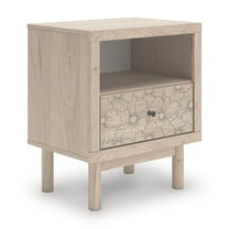 Signature Design by Ashley Birkmore One Drawer Nightstand with USB Charging Port, Light Oak Finish, Floral Accent Drawer, Tan