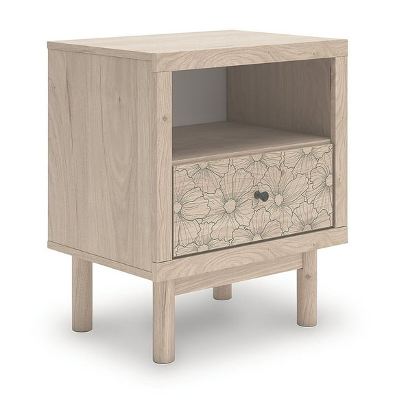 Signature Design by Ashley Birkmore One Drawer Nightstand with USB Charging Port, Light Oak Finish, Floral Accent Drawer, Tan