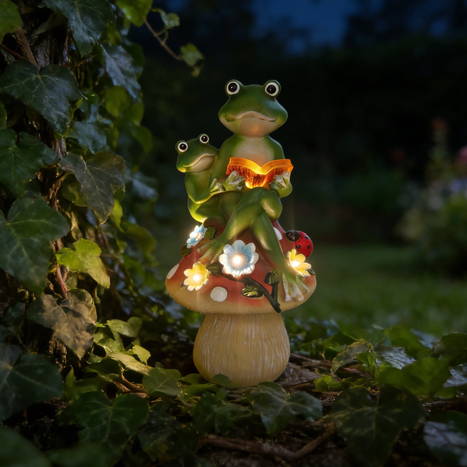 Garden Statues Frogs Outdoor Decor, Resin Frogs Figurines Lights Sculptures with Solar Light, Lovely Frogs with Mushroom for Garden Patio Yard