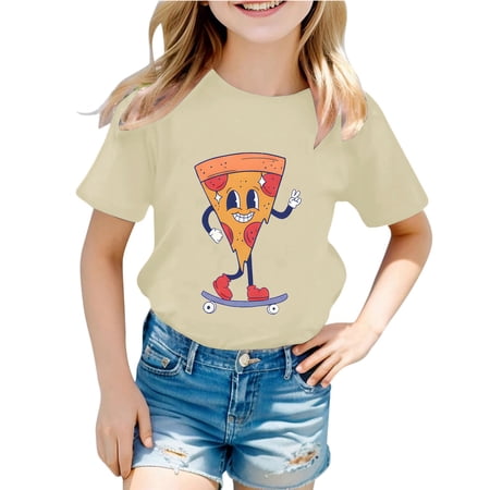 Yuncity Little Kids T-Shirts Short Sleeve Crew Neck Cartoon Print Summer Vacation Daily Wear Girls Boys Tops Size 8-9 Years Beige