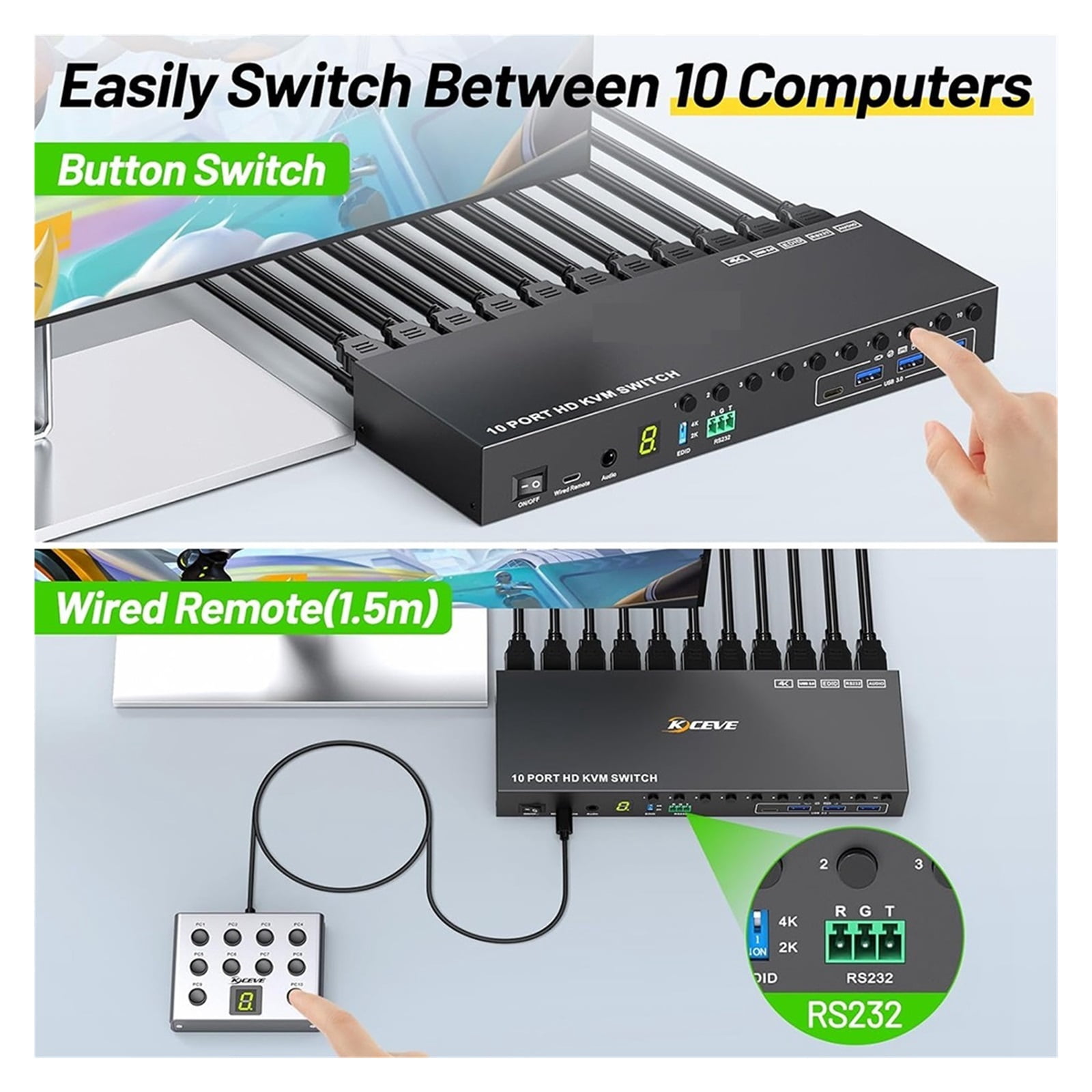 10 PC 1 Monitor HD Media Switch, Smart USB 3.0 KVM with EDID