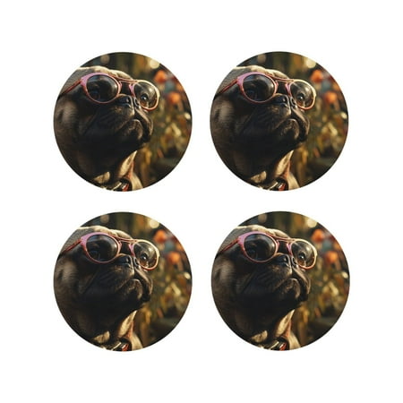 

Fuzoiu Pug Wearing Sunglasses Flowers Print Leather Coasters Set Drink Coasters Set of 4 for Tabletop Protection Durable PVC Coasters Home Décor and Housewarming Gift-Round Shape