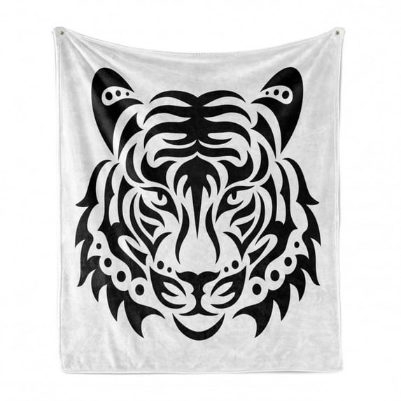 White Tiger Soft Flannel Fleece Throw Blanket, Minimalist Wild Animal Portrait Head Mammal Danger Illustration, Cozy Plush for Indoor and Outdoor Use, 70" x 90", White and Black, by Ambesonne