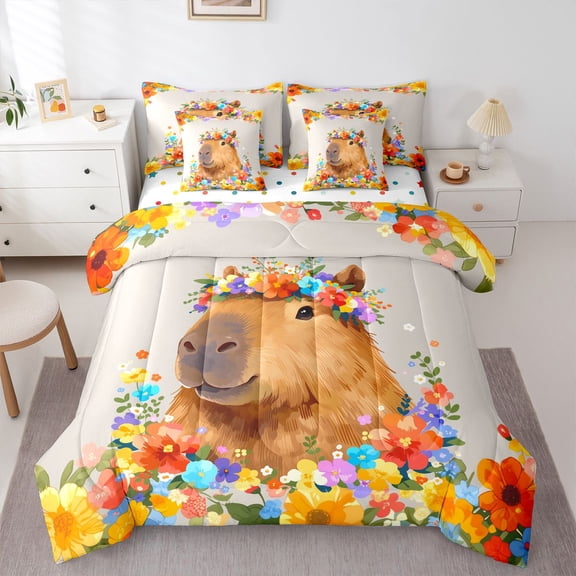 Manfei Cartoon Capybara 7-Piece Twin Bedding,Cute Wildflowers Pattern Bedding Comforter Set,Multicolor,Polkadot Reversible