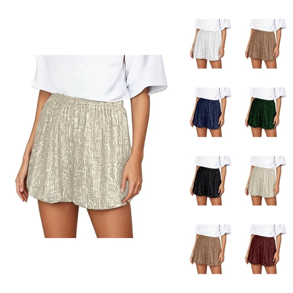 Sparkly Sequin Shorts for Women Summer Casual Elastic High Waist Shiny Sequins Straight Leg Shorts Night out Clubwear