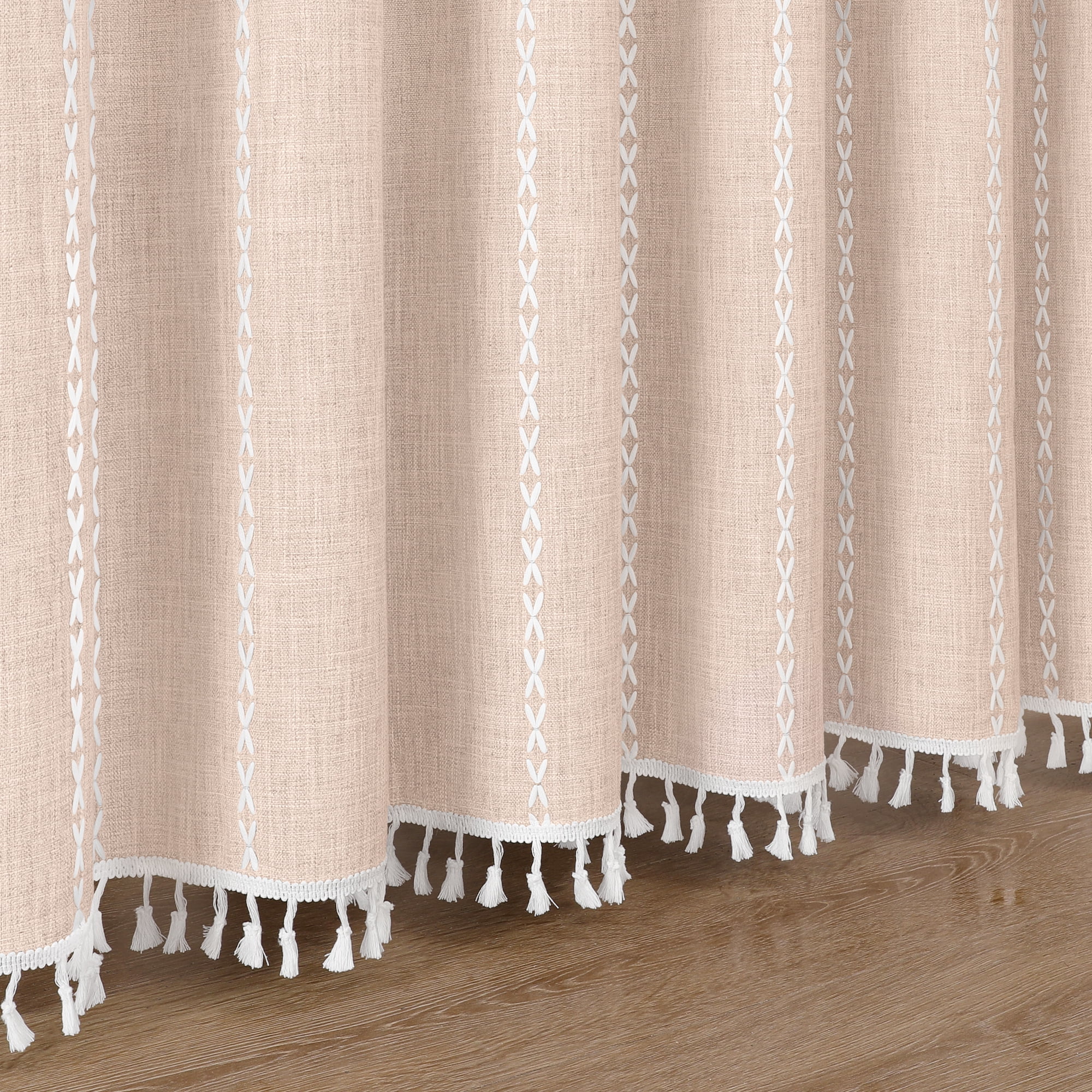 Americanflat 71x71 Woven Linen Pink Shower Curtain with Tassel Accents - Includes 12 Grommets and Hooks - 100% Polyester