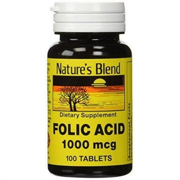 Nature’s Blend Folic Acid 1000 mcg Tablets 100 Ct | Vitamin B9 Folic Acid Supplement | Folic Acid for Pregnancy Vitamins | Folate Supplement for Men | Dietary Folic Acid Organic Pills for Women