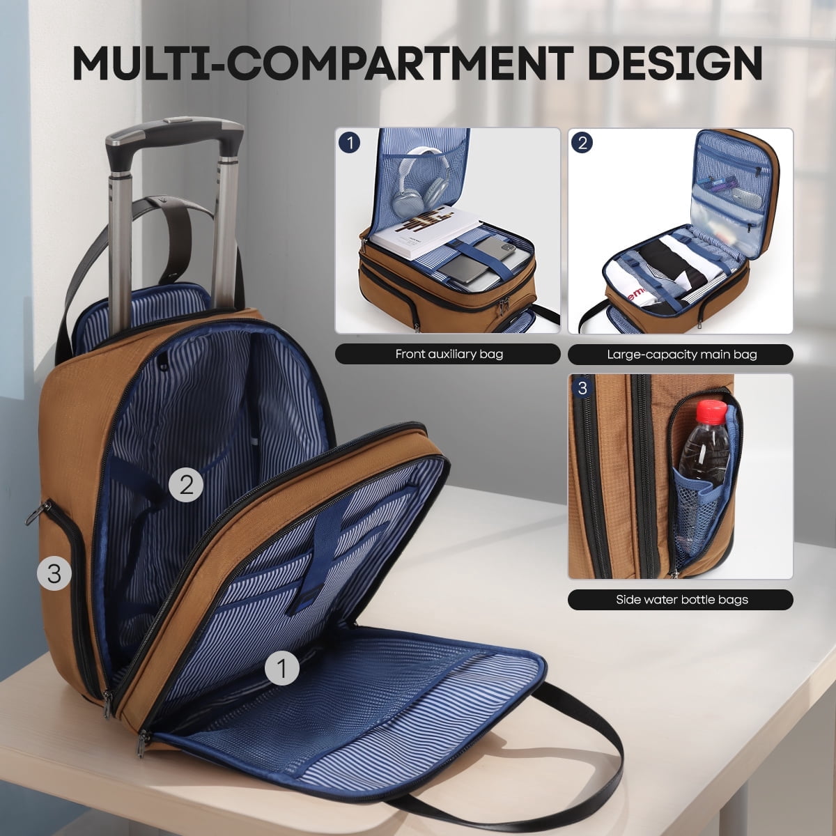 16" Underseat Carry on Luggage for Airplane, Softside Small Rolling Suitcase,Lightweight Personal Item Travel Bag, Brown - XJ5011