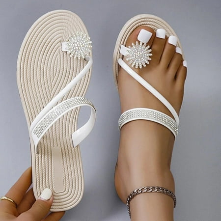 

〖Yilirongyumm〗 White 38 Sandals Women Snowflake Sandals Girls Pearl Pullover Toe Elastic Sandals Flat Strap Casual Home Sandals Slippers Beach Slippers