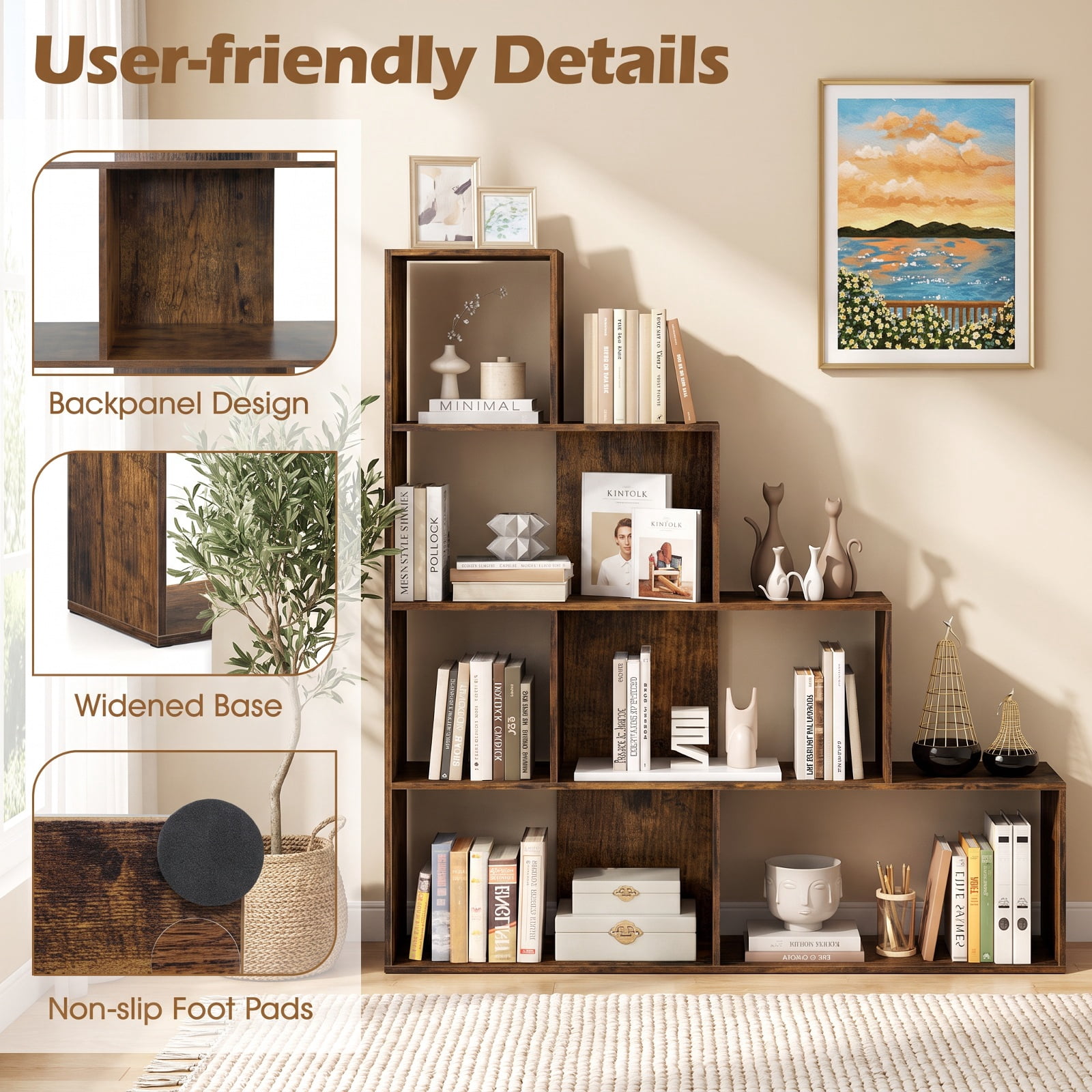 Furnibear 4-Tier Stepped Bookshelf Freestanding Ladder Storage Shelf with 6 Cubes for Living Room Home Office Bedroom Display Storage, Rustic Brown