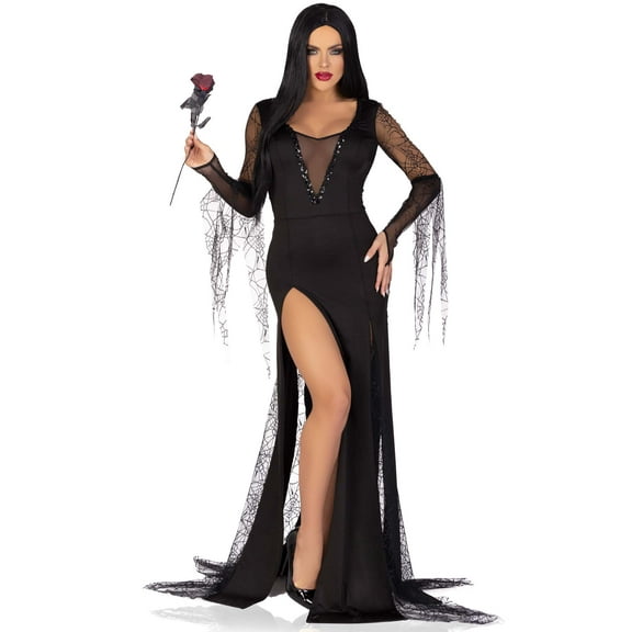 Leg Avenue Women's Spooky Beauty Costume with Backless Deep-V Dress, Spiderweb Gauntlet Sleeves, High Slit Tentacle Skirt