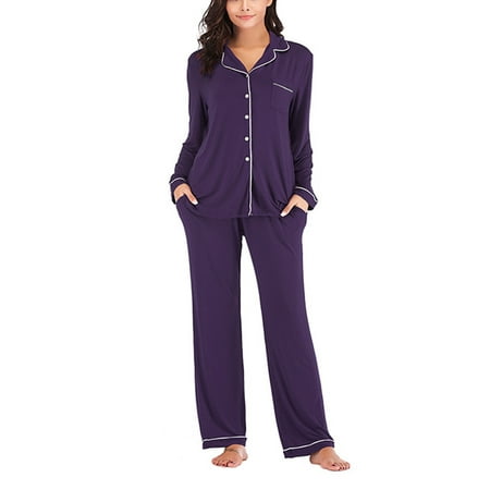

TOPGOD 2Pcs Women Pajamas Lines Trimming Lapel Long Sleeve Shirt Elastic Waist Pants Set for Girls