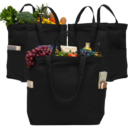 3 Pcs Reusable Grocery Bags - Heavy Duty Canvas Bags, Large Reusable Shopping Bag, Picnic, 100% Cotton (Black)