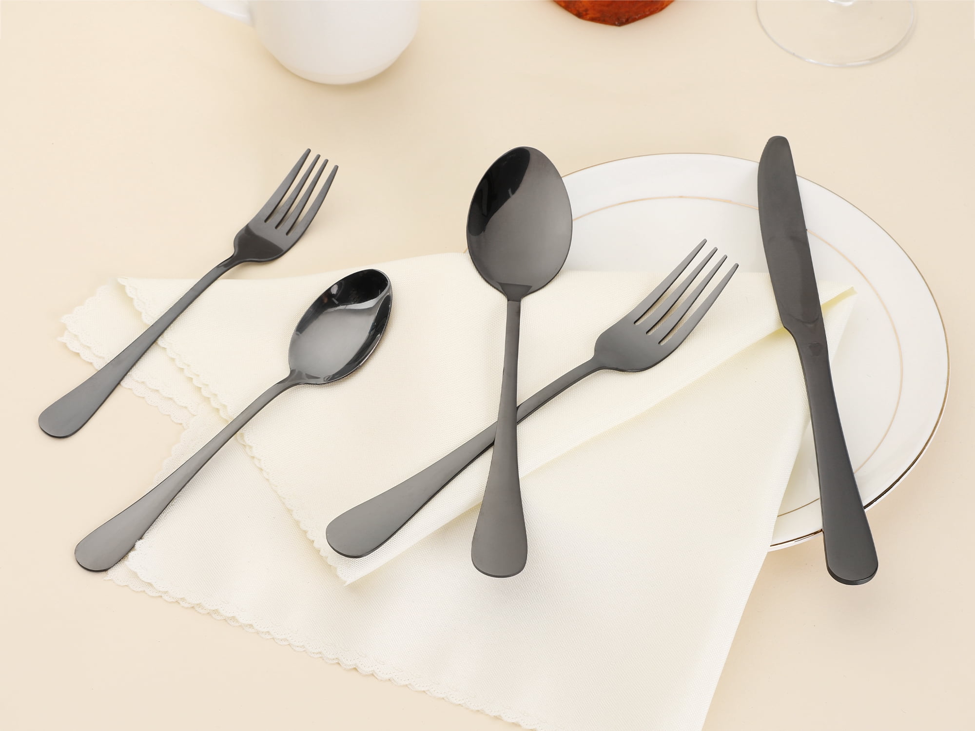 Unique Bargains 20 Pcs Stainless Steel Flatware Set Mirror Polished Cutlery Black