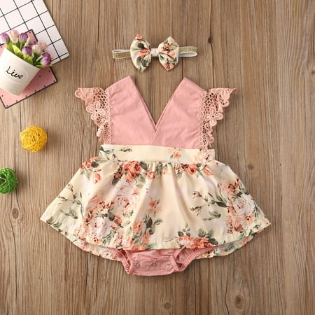 

Newborn Infant Baby Girls Bodysuits Dress Floral Sleeveless Lace Pink V Neck Princess Jumpsuits Headband 0-24M