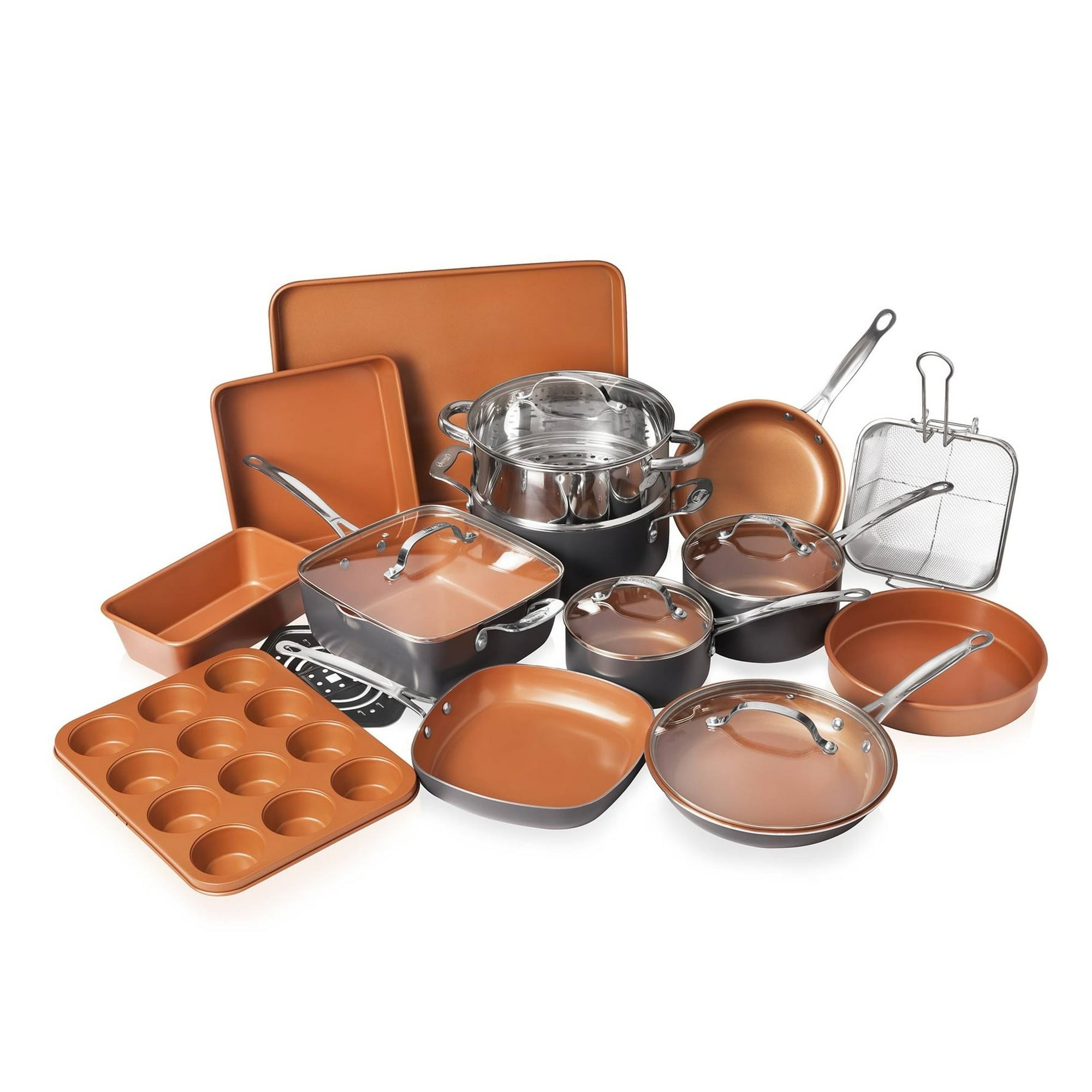 Gotham Steel True 20 Pc Pots and Pans Set Non Stick, Ceramic Cookware Set Nonstick With Square Deep Frying Pan Set, Pot and Pan Set with Bakeware Set, Oven & Dishwasher Safe, No Cheater Pieces