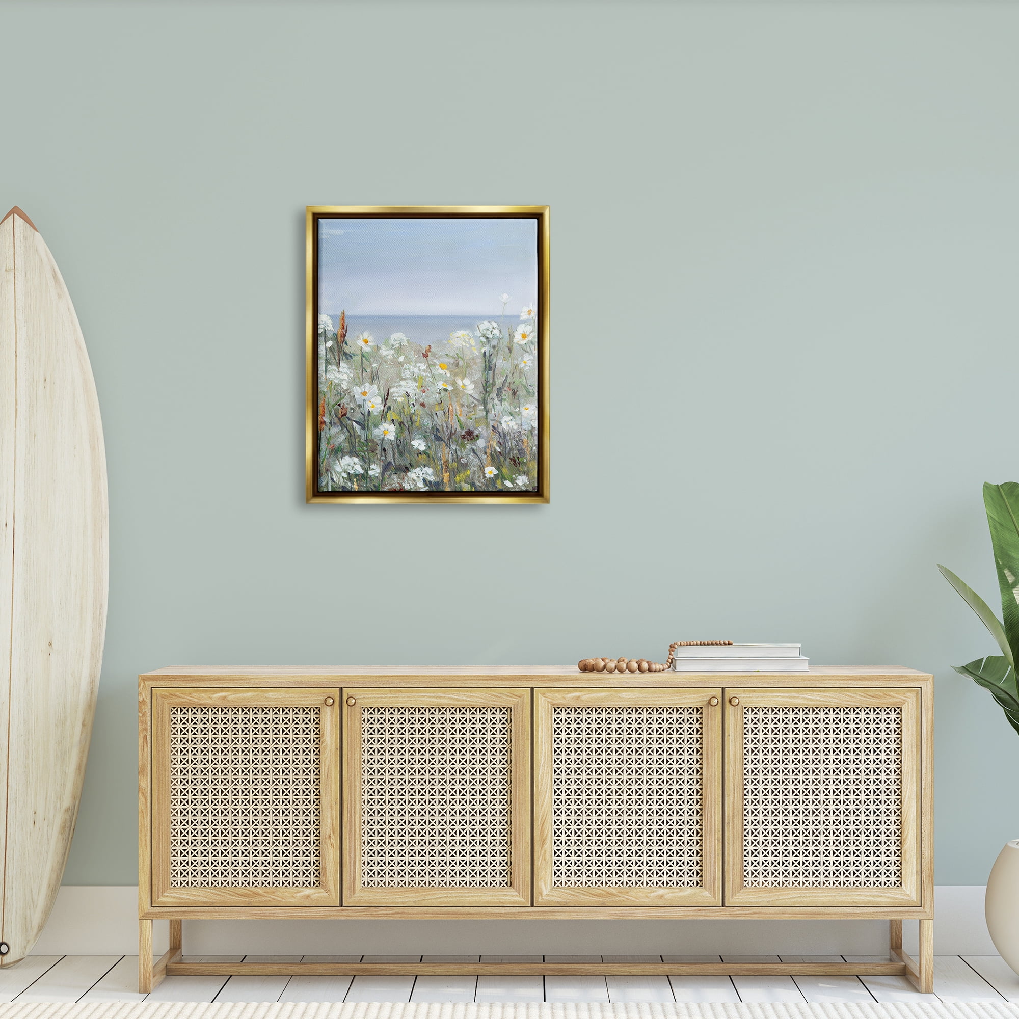 Stupell Industries Pleasant Summer Flower Field Distant Beach Shore Painting Metallic Gold Floating Framed Canvas Print Wall Art, Design by Sally Swatland