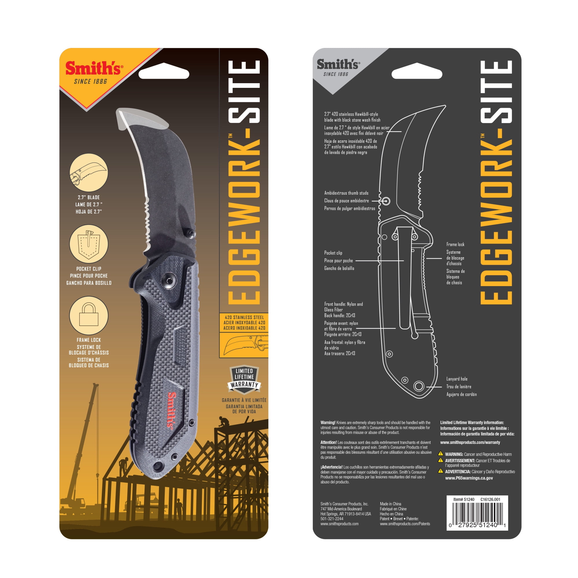 SMITH'S EDGEWORK-SITE 51240 HAWK BILL FOLDING KNIFE BLACK