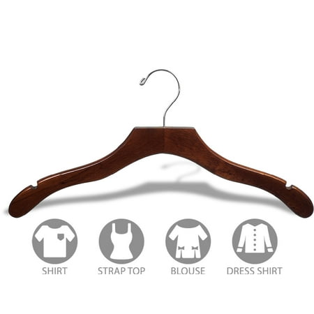 - Wavy Wood Top Hanger, Box of 100 Space Saving 17 Inch Wooden Hangers w/ Walnut Finish & Chrome Swivel Hook & Notches for Shirt Jacket or Dress by International Hanger