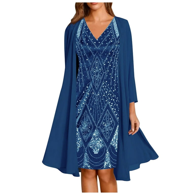 BEEYASO Clearance Summer Dresses for Women 3/4 Sleeve Printed Fashion Knee  Length A-Line V-Neck Dress Blue L 