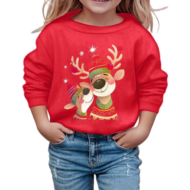 FYEGRE Chandail en Molleton de Vacances pour Fille Imprimé Festif Manches Longues Col Rond Chandail Confortable Rouge 8-9 Ans