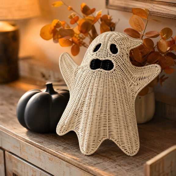 Hand-Woven White Rattan Ghost Wall Hanging, Festive Halloween Door Decor, Spooky Porch Sign, Boho Farmhouse Indoor Entryway Party Centerpiece Ornament
