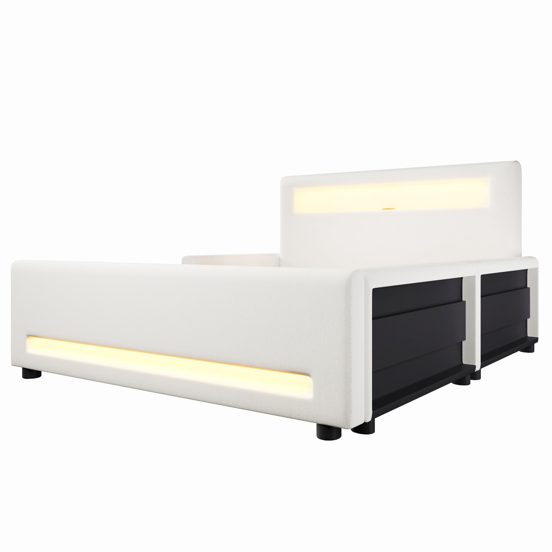 Noble House Full Size Upholstered Platform Bed with Storage Drawer, LED Light Strip and USB Charging Port, White