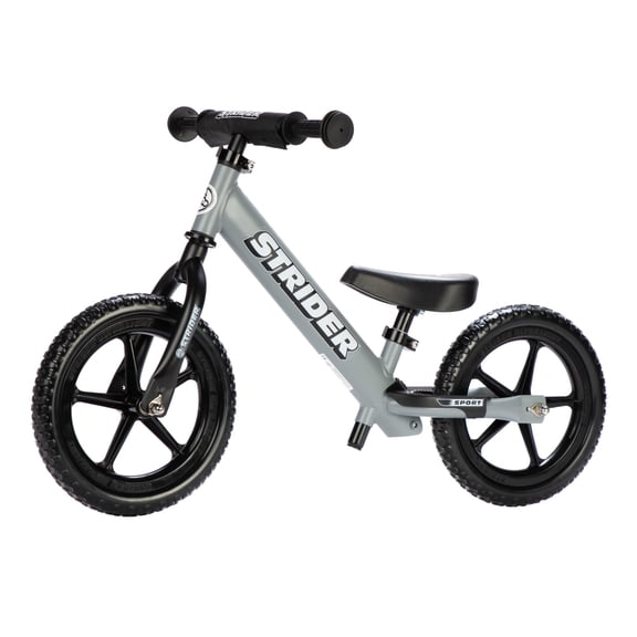 Strider 12” Sport Bike, Matte Gray - No Pedal Balance Bicycle for Kids 1 to 4 Years - Includes Safety Pad, Padded Seat, Mini Grips & Flat-Free Tires - Easy Assembly & Tool-Free Adjustments