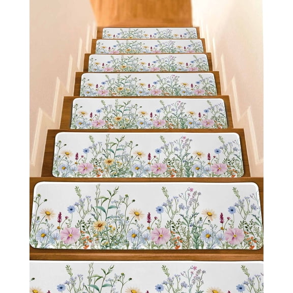 Spring Floral Stair Treads for Wooden Steps Indoor Runner Rug Carpet, Wildflowers Herbs Summer Botanical 7 Pieces Peel and Stick Staircase Step Treads Covers Washable Throw Door Mats, 30"x8"
