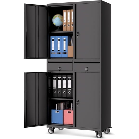73'' Metal Storage Cabinet, Heavy Duty Garage Storage with Wheels, Locking Doors and 2 Drawers, Adjustable Shelves, Black