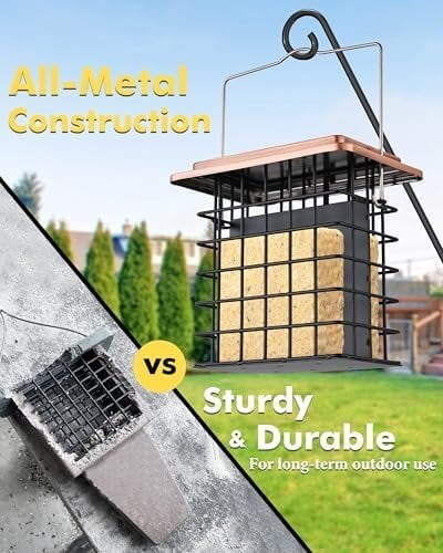 Double Suet Feeder- Metal Roof Bird Feeder with Taller Grid for Woodpeckers, Suet Cake Cage Bird Feeder for Outdoors Hanging,Easy-Clean & Refill,Metal Brushed Copper（Pack of 1）