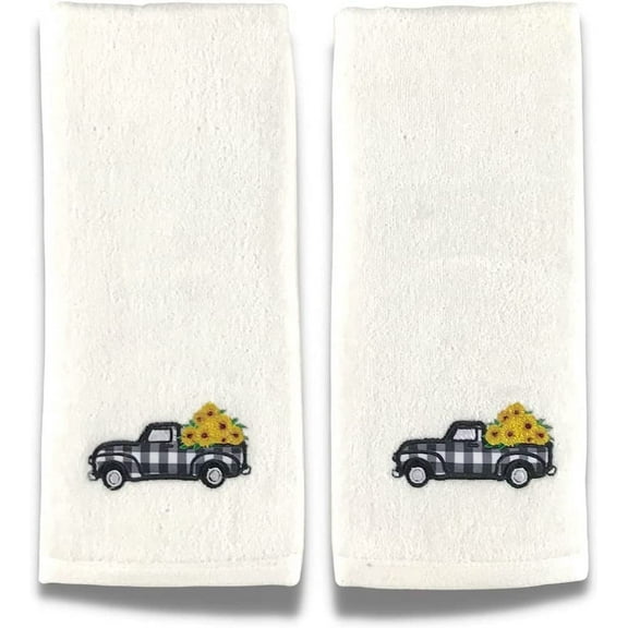 Serafina Home Decorative Fall Hand Towels: Farmhouse Black White Check Truck with Sunflowers Load Embroidered Design, Plush Velour Cotton, Set of 2 (Country Truck)
