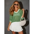 thumbnail image 3 of Womens Varsity V Neck Long Sleeve Tennis Sweater Casual Crochet Hollow Out Knit Tops Pullover Shirts Green S, 3 of 8