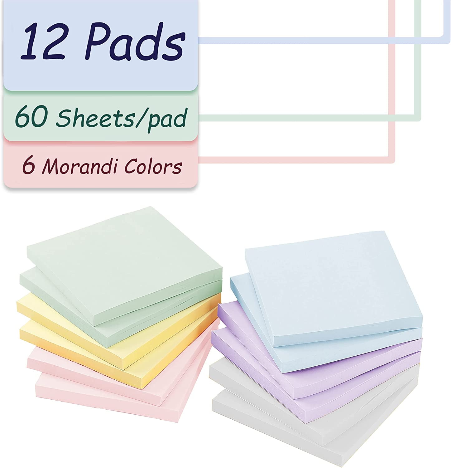 Homolley (12 Pads) Sticky Notes 3x3 in 100 Sheets/Pad, Self-Sticky Note Pads, 6 Bright Colors Super Sticky Pads - Easy to Post for SCH