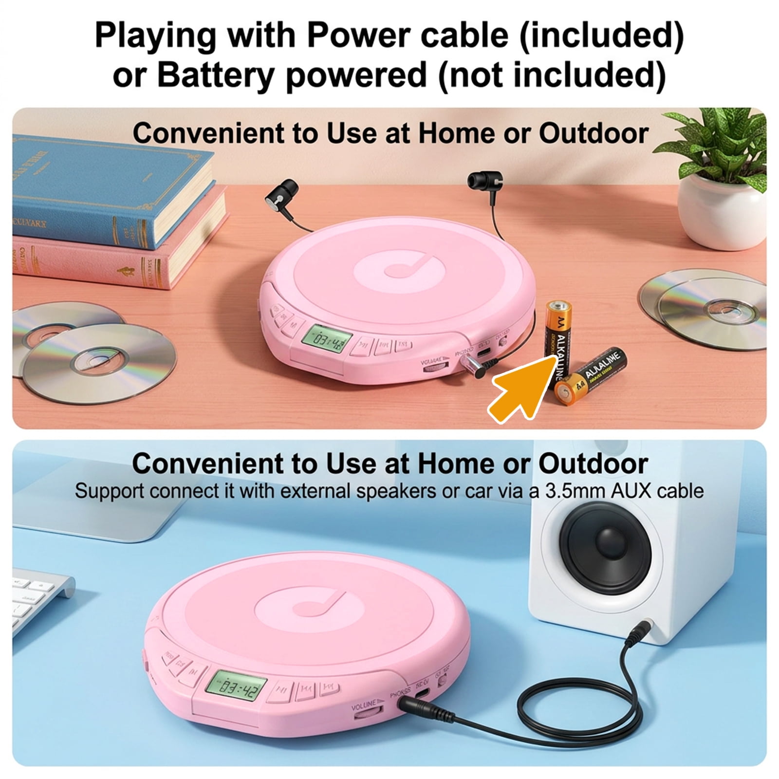 Hotmuscd Portable CD Player with Earphones,CD Discman with Anti-Skip Shockproof Protection,Support PROG Memory Function for Car Home,Pink
