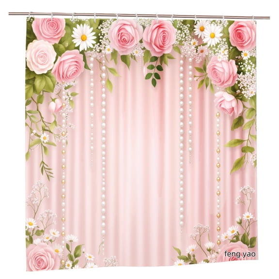 Amarainy Polyester Shower Curtain Pink Roses And Daisies Floral Design With Pearl Drapes For Home Bathroom Bath Tub Decoration 72x72 inch